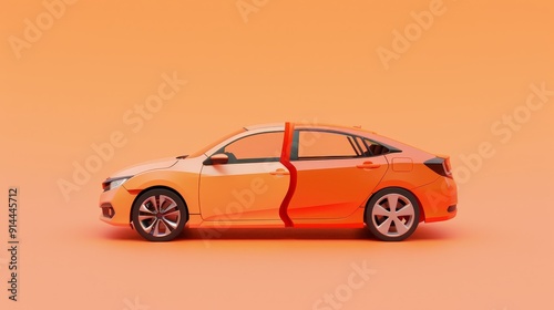 A car split in half with a red line down the middle, on a peach background.