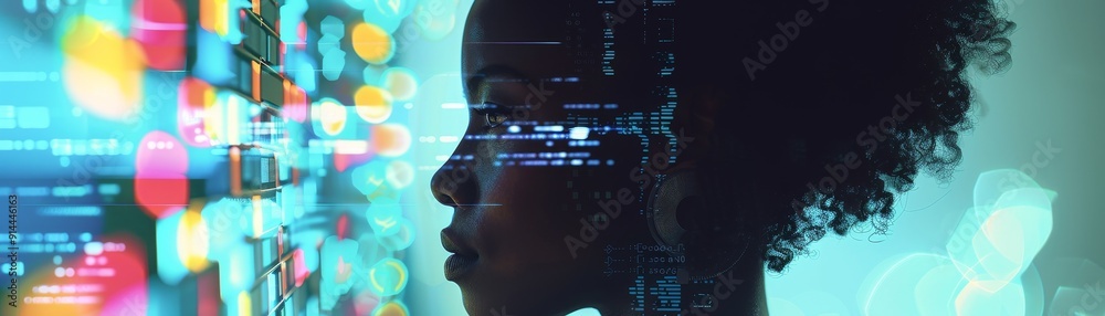 A woman looks at a screen filled with lines of code, symbolizing digital technology, innovation, programming, coding, and the future. A woman looks at a screen filled with lines of code, symbolizing digital technology, innovation, programming, coding, and the future.