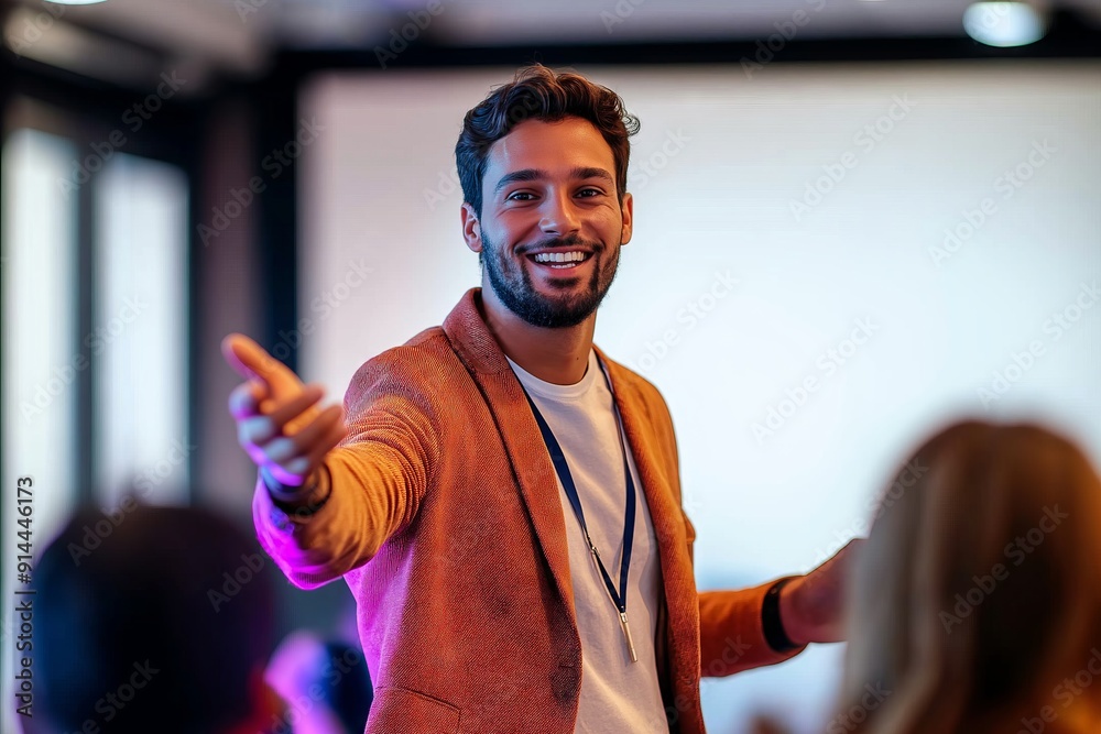 Cheerful Male Presenter Interacting With the Audience Cheerful Male Presenter Interacting With the Audience