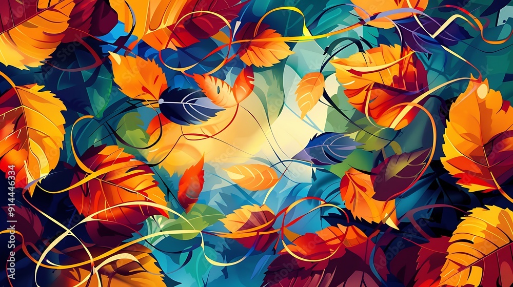 A vibrant abstract of autumn leaves and vines, with bold colors and dynamic shapes A vibrant abstract of autumn leaves and vines, with bold colors and dynamic shapes