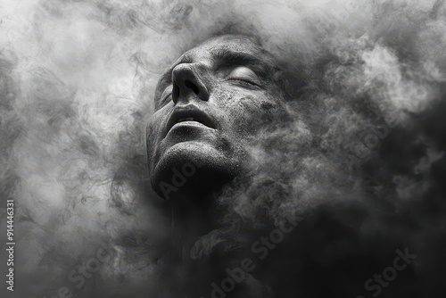 dramatic black and white portrait of a man emerging from swirling smoke and dust intense chiaroscuro lighting emphasizes facial features and creates a mysterious atmosphere photo