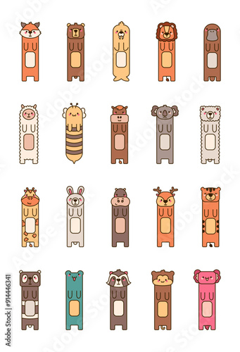 Cute animal bookmarks. Funny cartoon characters for books. Hand drawn style. Vector drawing. Collection of design elements.