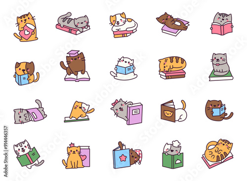 Cute cats with books. Funny cartoon characters. Hand drawn style. Vector drawing. Collection of design elements.