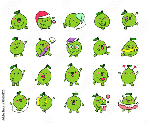 Funny lime with different emotions. Cute cartoon fruit. Hand drawn style. Vector drawing. Collection of design elements.