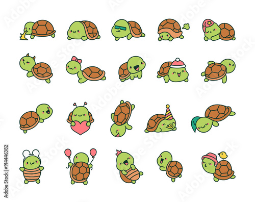 Cute kawaii turtles. Cartoon underwater inhabitants. Hand drawn style. Vector drawing. Collection of design elements.