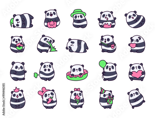 Cute kawaii panda. Adorable animal character. Hand drawn style. Vector drawing. Collection of design elements.