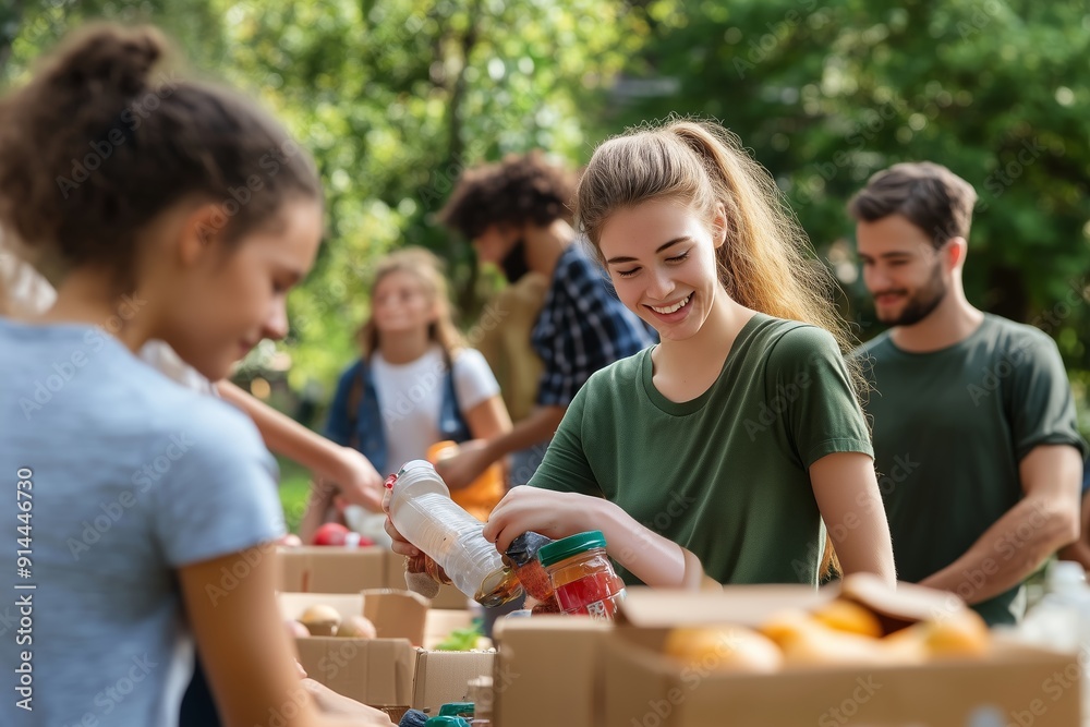 Obraz premium Volunteers Organizing Food Donations in a Local Park During Sunny Afternoon
