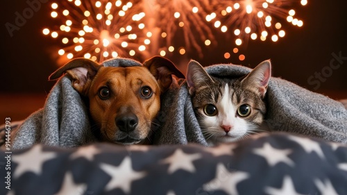 A cozy dog and cat snuggled in a blanket, enjoying fireworks in the background, perfect for pet and holiday themes.