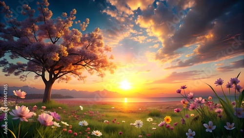 Serene Sunset Bloom: 3D Wallpaper with Golden Sunset and Blooming Flowers generative AI