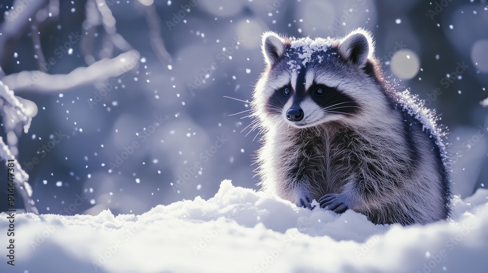 Obraz premium A raccoon searches for food in a snowy landscape, surrounded by falling snowflakes under a serene winter sky