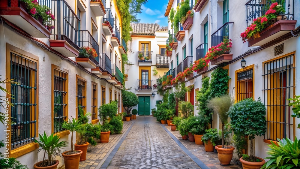 Fototapeta premium A Tapestry of Tile and Stone: A Street in Seville's Barrio Santa Cruz AI generated