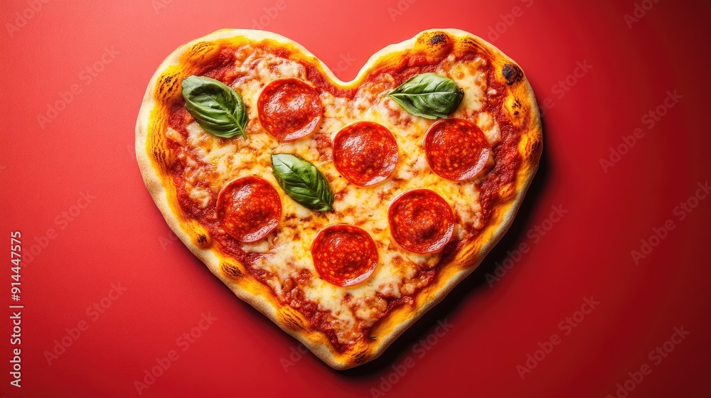 Close-up of a heart-shaped pepperoni pizza with cheese and basil, set against a vibrant red background, perfect for romantic themes. Close-up of a heart-shaped pepperoni pizza with cheese and basil, set against a vibrant red background, perfect for romantic themes.