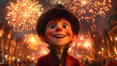 Charming Guy Fawkes Night with animated characters watching fireworks enjoying bonfire treats and festive activities photo