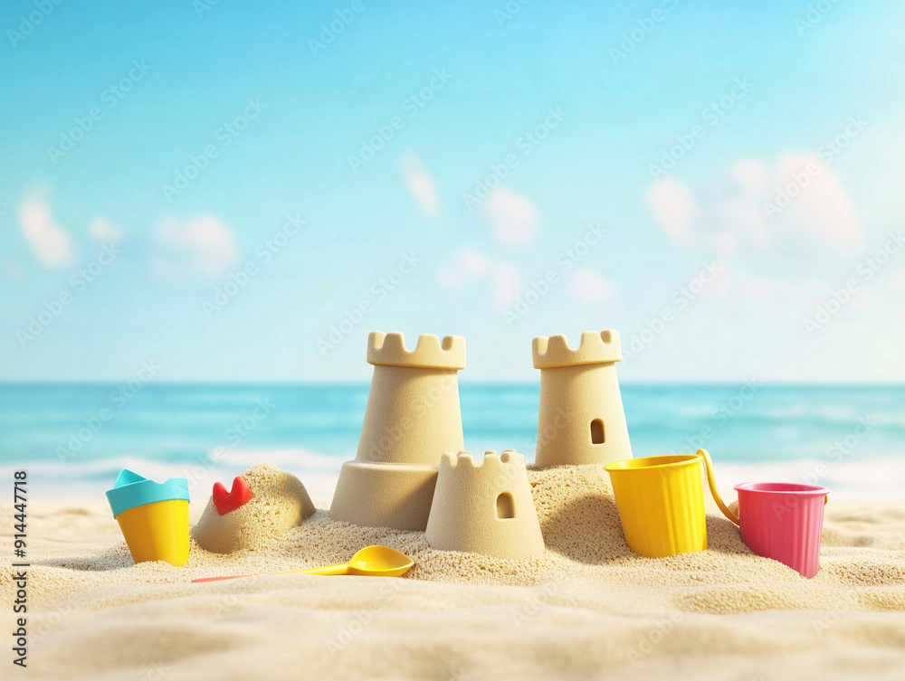 3D sandcastles being built on a beach with toy shovels and buckets, with a clear, sunny sky and ocean in the background. Generous empty copy space for branding or text. AI 3D sandcastles being built on a beach with toy shovels and buckets, with a clear, sunny sky and ocean in the background. Generous empty copy space for branding or text. AI