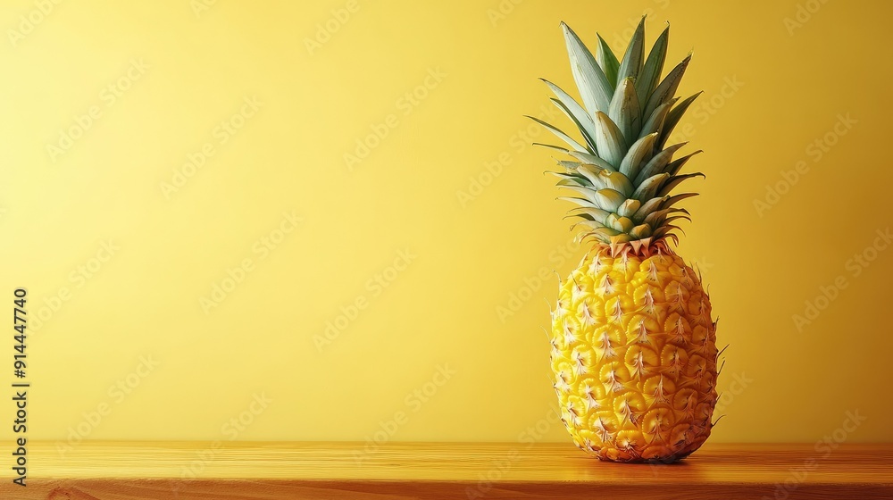 Close-up of a pineapple on a wooden table against a yellow wall, offering a vibrant and tropical scene perfect for summer themes. Close-up of a pineapple on a wooden table against a yellow wall, offering a vibrant and tropical scene perfect for summer themes.