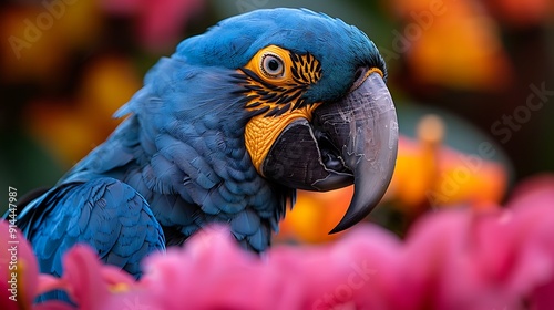 Captivating image of Hyacinth Macaw Anodorhynchus hyacinthinus framed lush foliage colorful bloom of tropical garden cobaltblue feather striking contrast vibrant flower Keywords Hyacinth Macaw photo