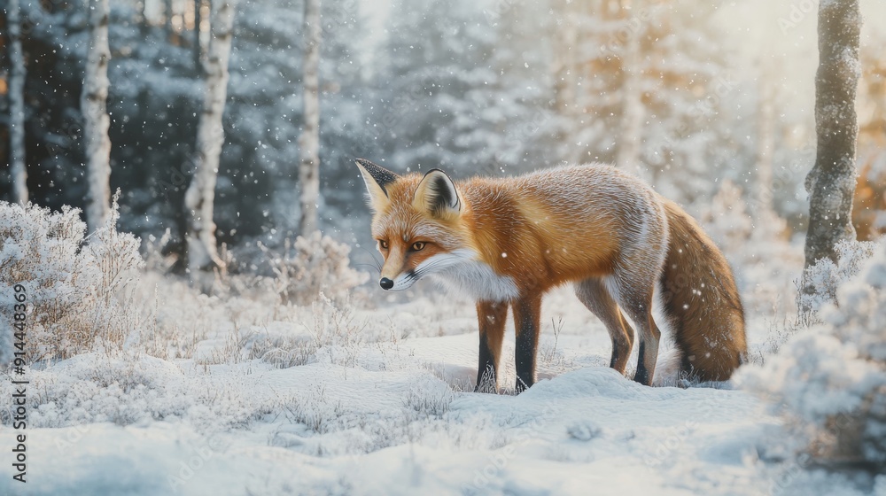 Fototapeta premium A red fox navigates through the snowy forest, surrounded by trees, as soft snowflakes fall around it