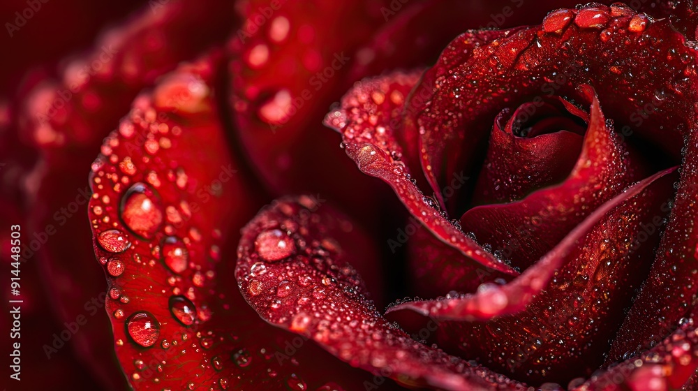 Close-up of a red rose in full bloom, with dewdrops on its petals, providing a vibrant and romantic background with ample copy space. Close-up of a red rose in full bloom, with dewdrops on its petals, providing a vibrant and romantic background with ample copy space.