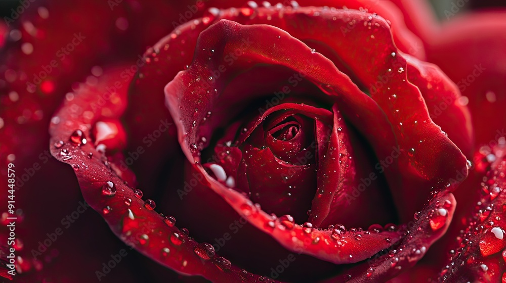 Close-up of a red rose in full bloom, with dewdrops on its petals, providing a vibrant and romantic background with ample copy space. Close-up of a red rose in full bloom, with dewdrops on its petals, providing a vibrant and romantic background with ample copy space.