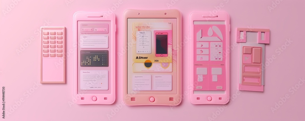 Pink smartphones and a pink device on a pink background. Pink smartphones and a pink device on a pink background.