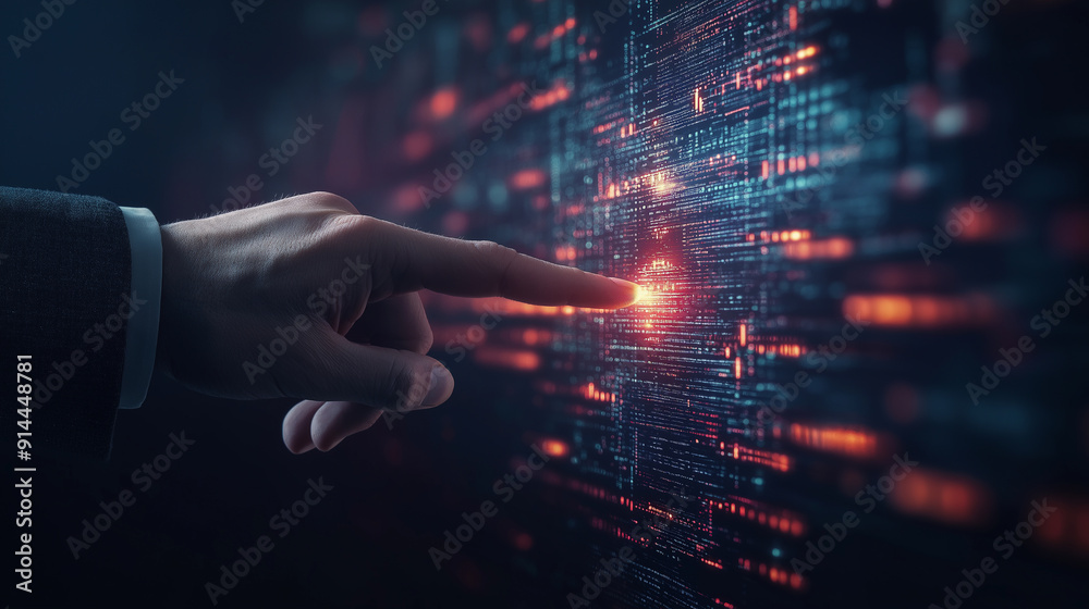 A hand pointing at a computer screen with a red dot A hand pointing at a computer screen with a red dot