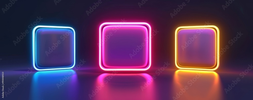Three neon glowing squares in blue, pink, and yellow. Three neon glowing squares in blue, pink, and yellow.