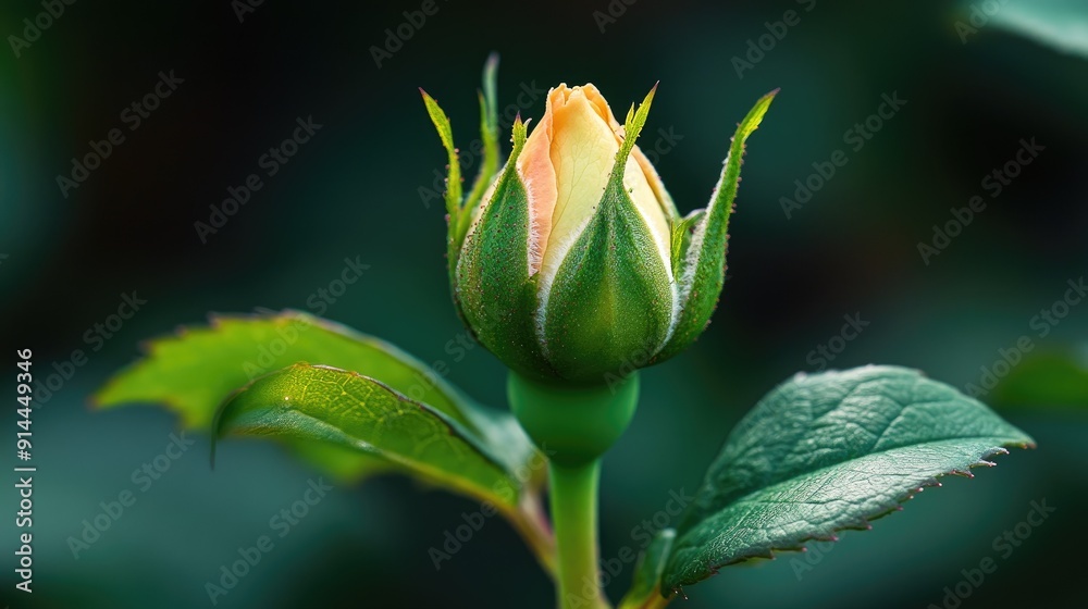 Close-up of a rosebud just beginning to open, with fresh green leaves, creating a delicate and elegant background with ample copy space. Close-up of a rosebud just beginning to open, with fresh green leaves, creating a delicate and elegant background with ample copy space.