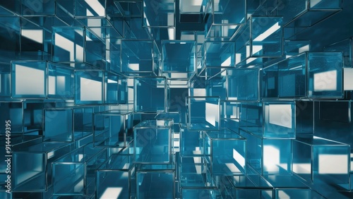 Elegant abstract background featuring geometric structures of blue glass cubes with refraction and reflection effects Highquality 3D rendering illustration