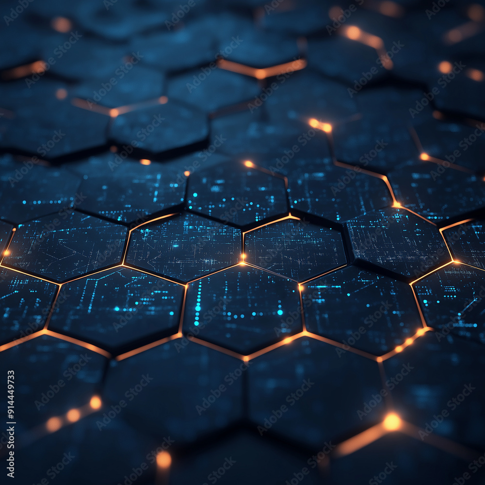 A blue and orange hexagonal pattern with a lot of light A blue and orange hexagonal pattern with a lot of light