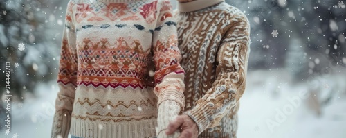 Elderly couple with matching sweaters, holding hands on a snowy day photo