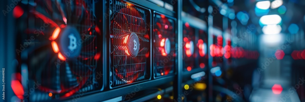 Powerful server racks with red LEDs, representing the high energy consumption and intense processing power required for cryptocurrency mining. The servers are working hard to process transactions and Powerful server racks with red LEDs, representing the high energy consumption and intense processing power required for cryptocurrency mining. The servers are working hard to process transactions and