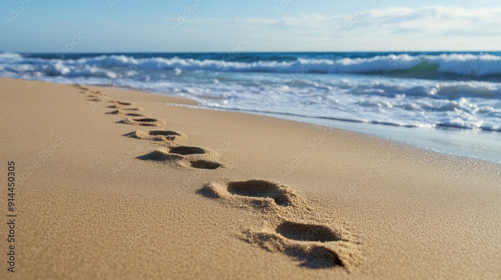 Close-up of footprints in the sand, leading towards the horizon, with the gentle waves in the background and ample copy space. Close-up of footprints in the sand, leading towards the horizon, with the gentle waves in the background and ample copy space.