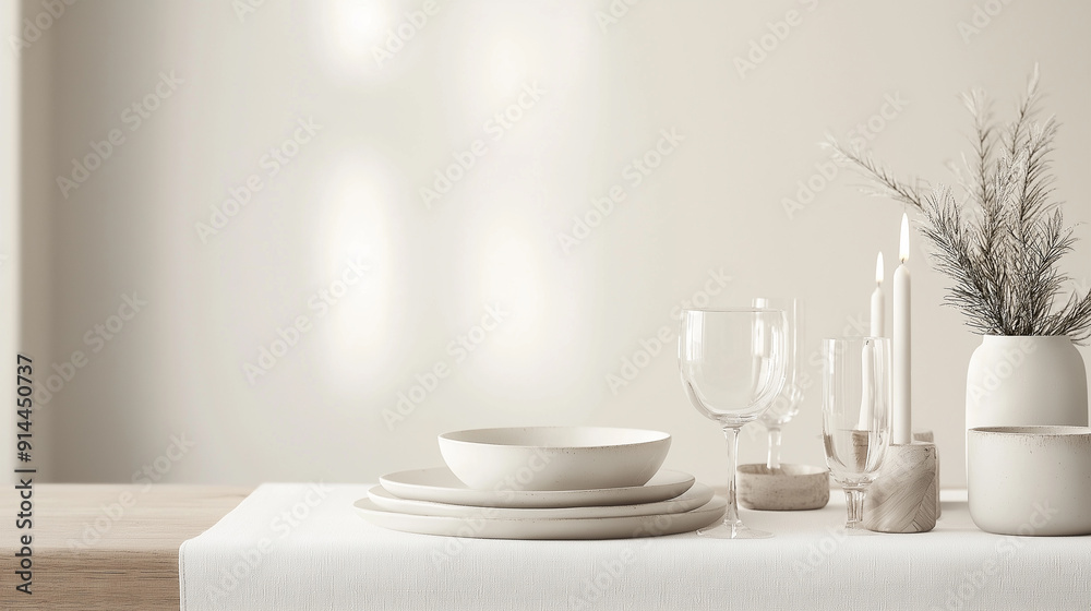 A table with a white tablecloth and a white vase with candles A table with a white tablecloth and a white vase with candles