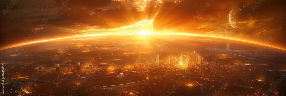 Aerial view of a city at night with sunlight through clouds Aerial view of a city at night with sunlight through clouds