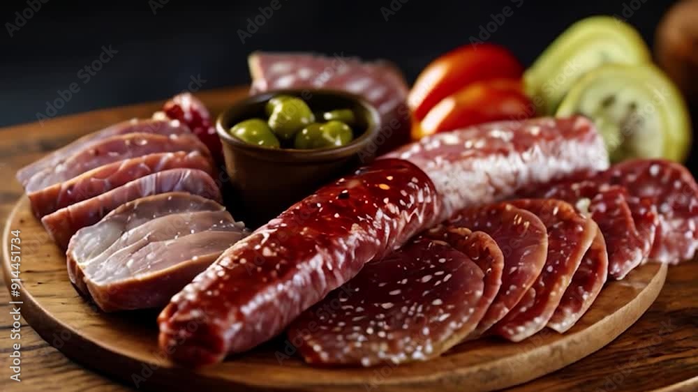 A Delicious Charcuterie Board with Salami, Prosciutto, Olives, and Kiwi A Delicious Charcuterie Board with Salami, Prosciutto, Olives, and Kiwi