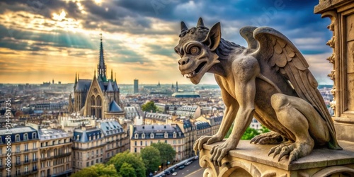 gargoyle statue perched on top of gothic cathedral, overlooking towering spires and intricate architecture, , majestic