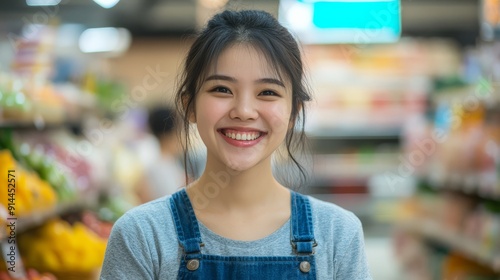 A cheerful young woman enjoys her time shopping in a vibrant marketplace