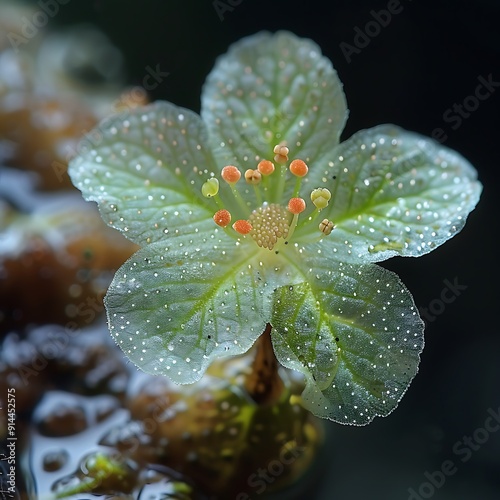 Closeup of a delicate Wolffia Wolffia arrhiza floating on a pond showcasing its tiny size and intricate detail photo