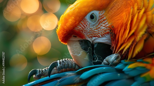 Closeup of parrot's claw delicately gripping wooden perch highlighting dexterity adaptability various environment soft focus bird background adding depth composition Keywords parrot claw closeup photo