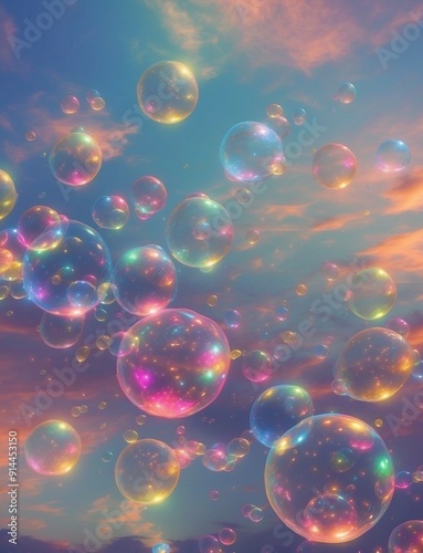 rainbow soap bubbles in the sunny sky, illustration