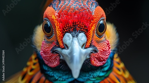 Closeup portrait of male Golden Pheasant Chrysolophus pictus vibrant plumage ornate head crest captured exquisite detail showcasing bird's majestic beauty intricate feature Keywords Golden Pheasant photo