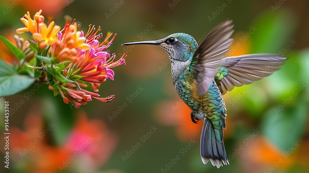 Obraz premium Closeup shot of colorful hummingbird Trochilidae family hovering midair next vibrant flower capturing bird's iridescent plumage delicate flight