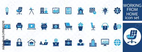 Working from home icon set. Containing remote work, work online, freelancing, home office, digital nomad, portfolio and more. Solid vector icons
