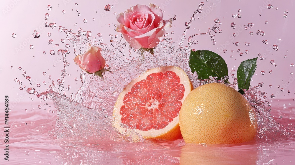 Fototapeta premium Vibrant Grapefruit and Rose Splash in Sparkling Water on Pink Background - Refreshing Artistic Composition