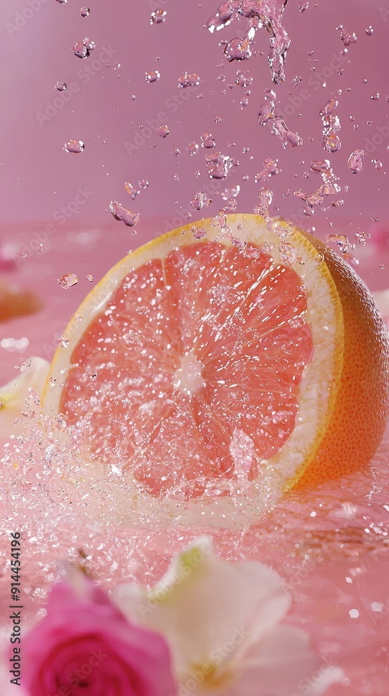 Refreshing Grapefruit and Rose Splash in Sparkling Water on Pink Background - High-Resolution Artistic Food Photography Refreshing Grapefruit and Rose Splash in Sparkling Water on Pink Background - High-Resolution Artistic Food Photography