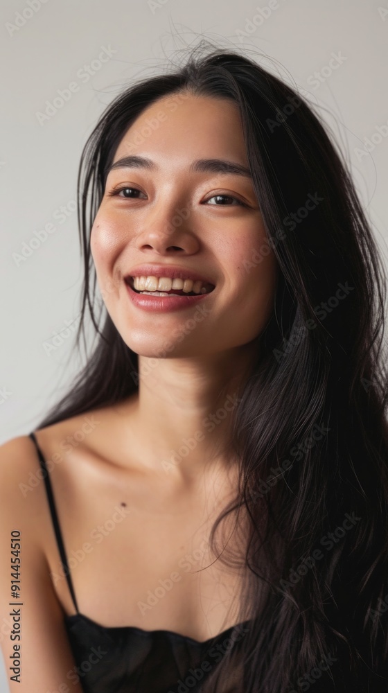 Smiling Young Woman with Long Dark Hair in Minimalist Studio Setting - Natural Beauty and Joyful Expression Smiling Young Woman with Long Dark Hair in Minimalist Studio Setting - Natural Beauty and Joyful Expression