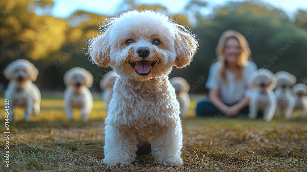 Happy Bichon Frise in Park with Owner and Other Dogs in Background
Happy Bichon Frise in Park with Owner and Other Dogs in Background