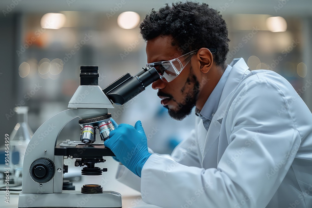Scientist with microscope in a modern lab.