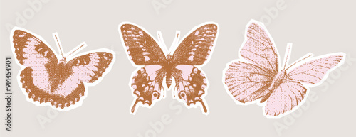Vintage butterflies kit. Collage with a girly aesthetic. Retro bitmap scrapbooking style with cutout element. Trendy stickers for poster art or t-shirt with photocopy dotted effect.