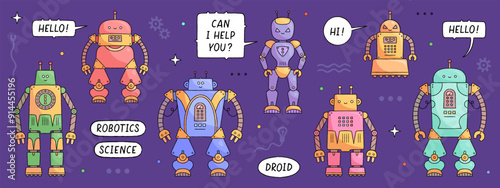 Set of colorful cute kids robots and droids isolated on purple background. Robot toys hand drawn characters with friendly faces. Cartoon chat bot. Vector illustration